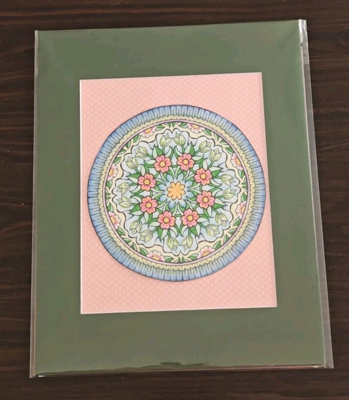 Handcolored Floral Mandala, Green Matte, Artwork, 14″ X 11″