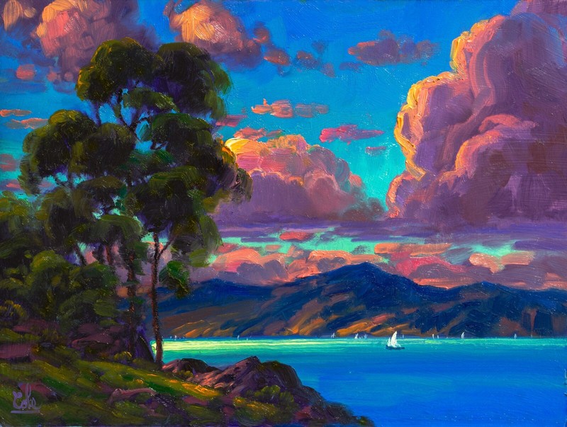 AWESOME Hudson River School Luminist Oil Painting On Masonite Signed Cole 453 gallery