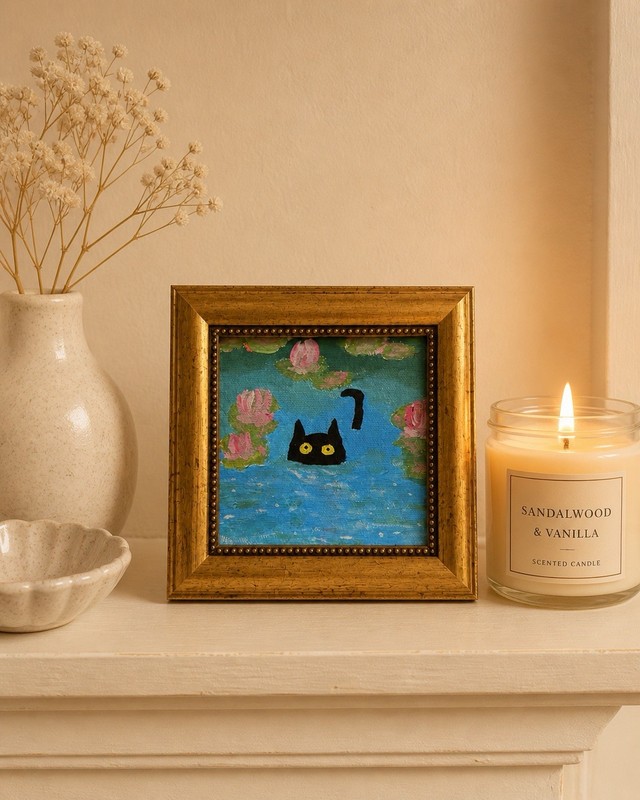 Black Cat Mini Painting in Gold Frame – Original 5x5 Inch Artwork – Cute Cat Art gallery