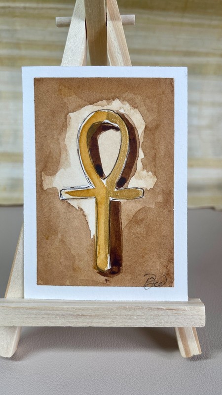 ACEO Original Watercolor Gold Ankh Ancient Egypt Key of Life Signed COA OOAK