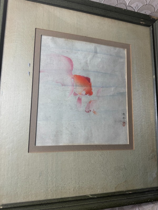 Rare Ohara Koson (1877 - 1945) "Two Koi Fish" Watercolor Painting -Signed/Framed gallery