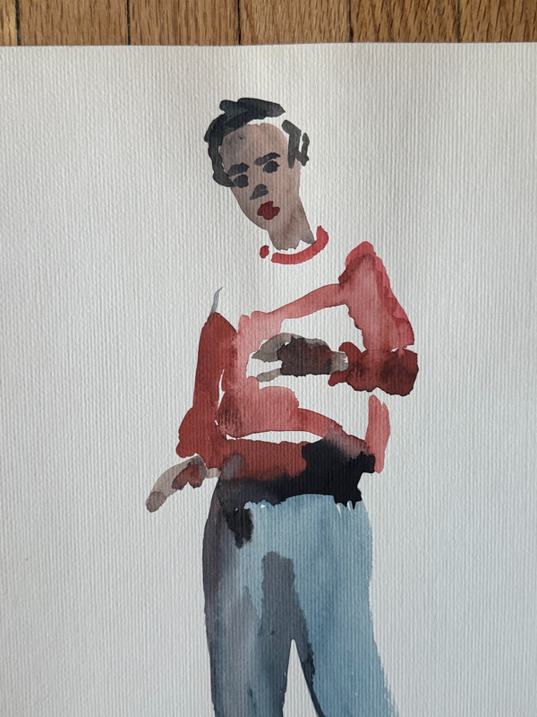 VTG 1950's MCM Watercolor Painting Male Mens Fashion Gay Int 18 x 12 gallery