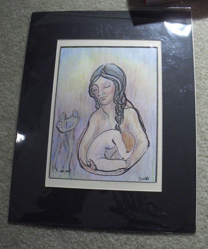 Original Matted CWB Signed Colored Pencil Ink Impressionist Woman Painting