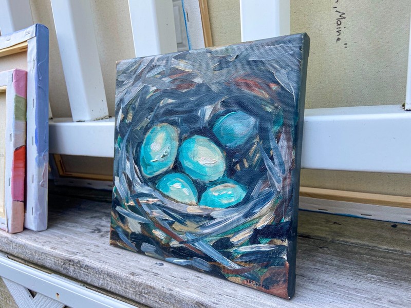 Oil painting ORIGINAL art Eggs blue jay nest artwork small wall art 8x8" gallery