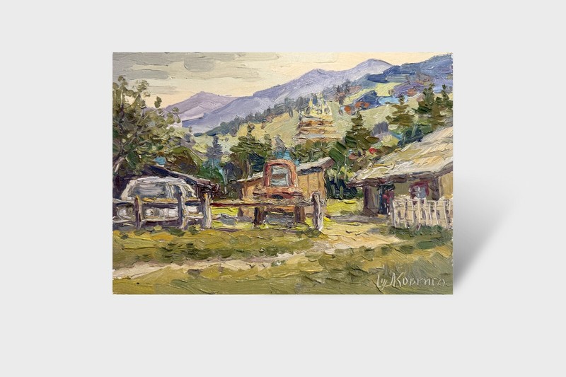 Oil painting Carpathian village Ukrainian painter Cardboard original landscape