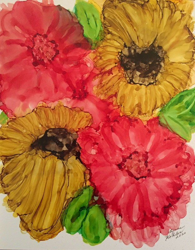Original 11×14″ big flowers floral red yellow painting by Lynne Kohler
