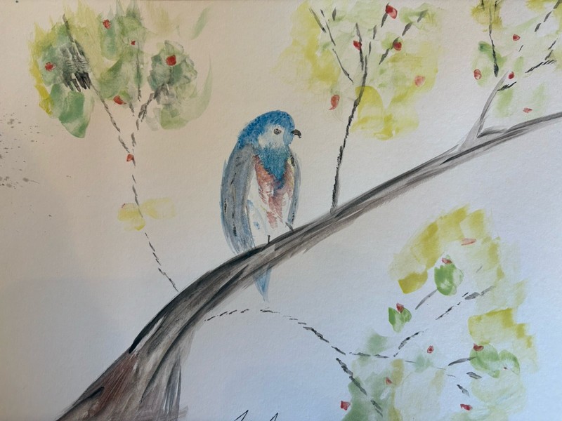 Blue Bird On Berry Bush Original Watercolor Painting done