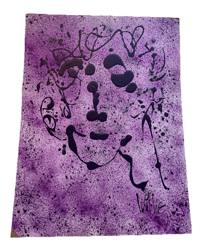 Abstract Expressionist Purple Face Painting Signed Willie Modern Art on Board