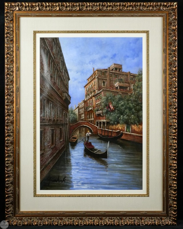 Vintage Original Impressionist Cityscape Oil on Canvas «Venetian Canal Scene»