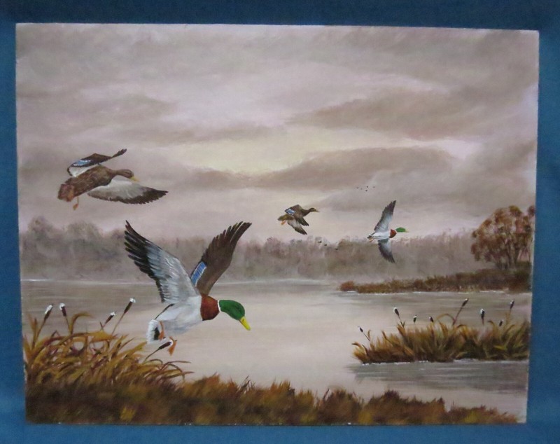 Original Signed Painting on Board Mallards Ducks Waterfowl Pond 14” x 18” Unfram
