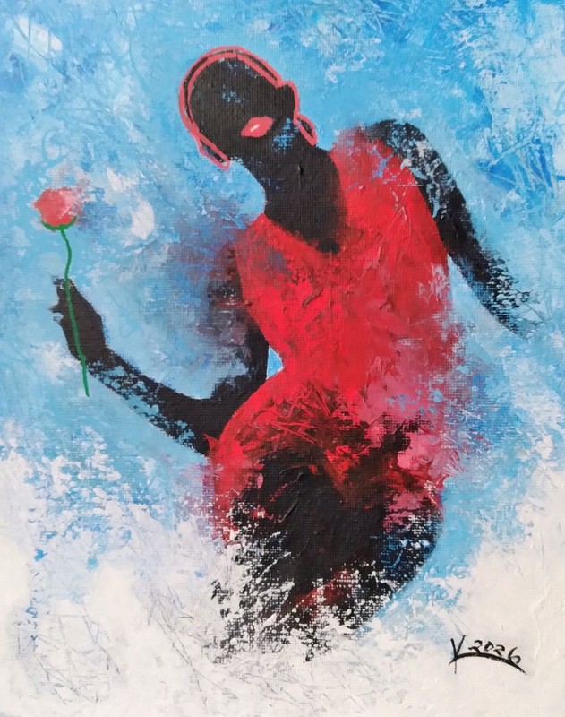 «Red Rose & Dress» Original African American Art Painting 10″ x 8″