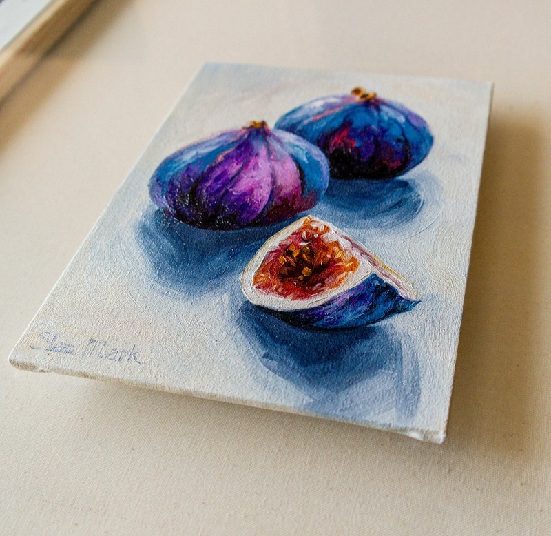 Original Oil Painting Fig Fruit Still Life 8x6 Canvas Home Decor Collectible Art gallery