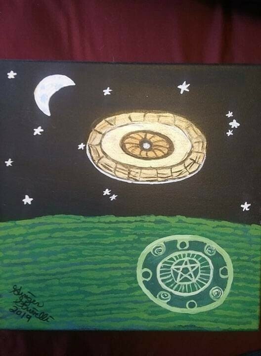 UFO CROP CIRCLE star MOON pentagram PAINTING by well-known Pagan Artist FOLK ART