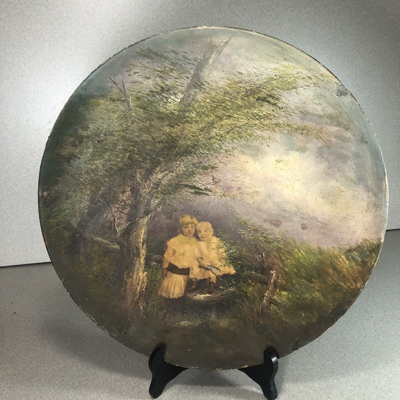 ANTIQUE 1888 HAND PAINTED PHOTOGRAPH On Wooden 14” Circle/Plate Unknown Artist