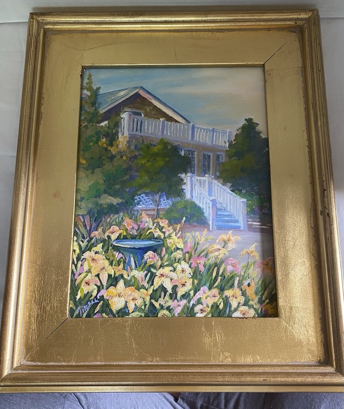 Beautiful Oil Painting with House, Flowers and Birdbath in Gold Wooden Frame gallery
