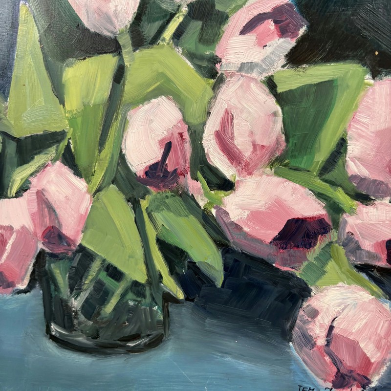 Classic Floral Still Life Oil Painting "Pink Tulips" Handcrafted Art gallery