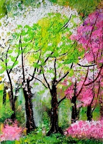 ACEO Original PAINTING Spring TREES Pink Flowers Sun Nature Landscape ATC ART