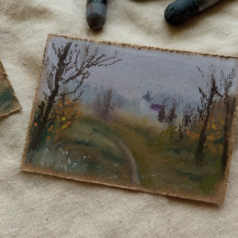 Original ACEO Moody Autumn Countryside Landscape Misty Path OOAK Miniature Art gallery