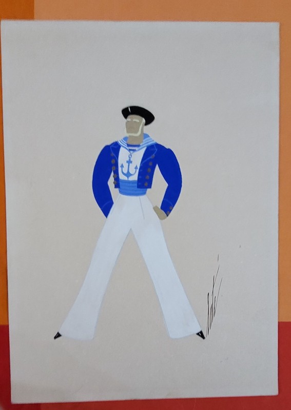 ERTE Original Painting Signed Gouache Artwork Costume Dress Design Follies Berge