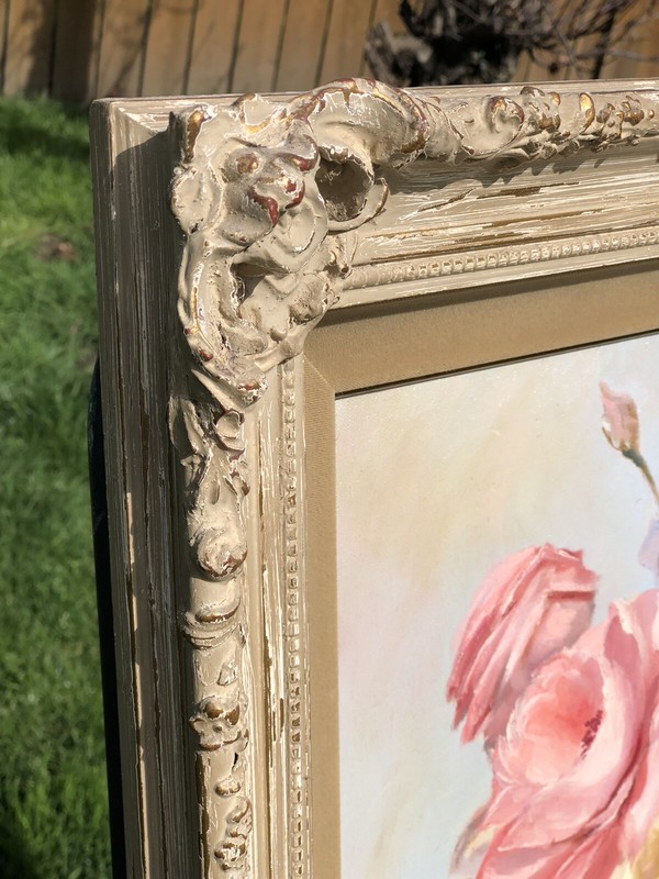 VTG ARETA 1978 SIGNED ORIGINAL OIL PAINTING PINK ROSES VICTORIAN FRAME 23”X28” gallery