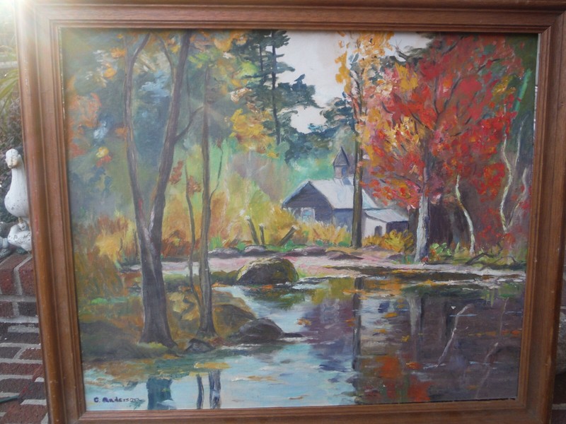 GREAT OIL ON CANVAS BOARD CHURCH/POND FALL LANDSCAPE SCENE SIGNED/FRAMED gallery