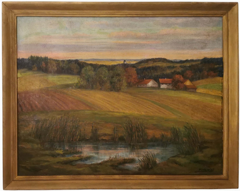 FELIX KIBY (GERMANY 20TH C) 1930’S SIGNED O/C RURAL LANDSCAPE W/FARM, ORIG FRAME