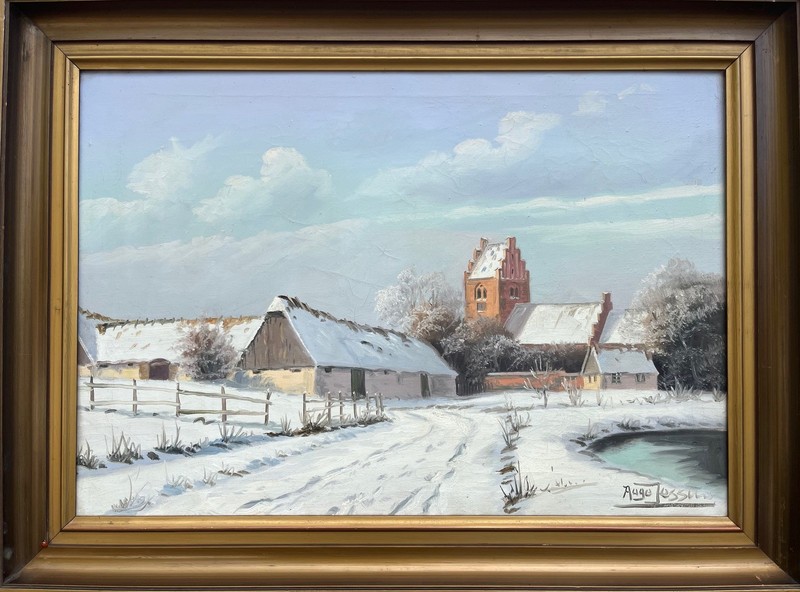 Aage Jessen 1876-1961 Oil Painting Winter Landscape Farm Church