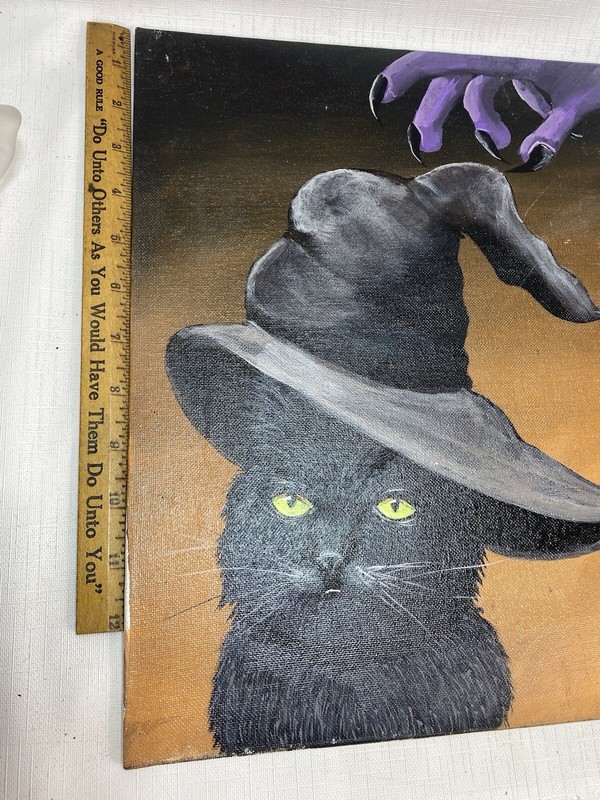 AWESOME HALLOWEEN Painting Black Cat & Witch Hand 11" x 14 1/2" Signed gallery