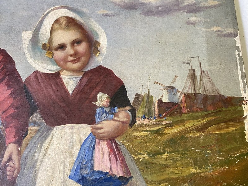 Antique Dutch Children Doll Windmill Beach Sea Scene Unknown Artist Oil Painting gallery