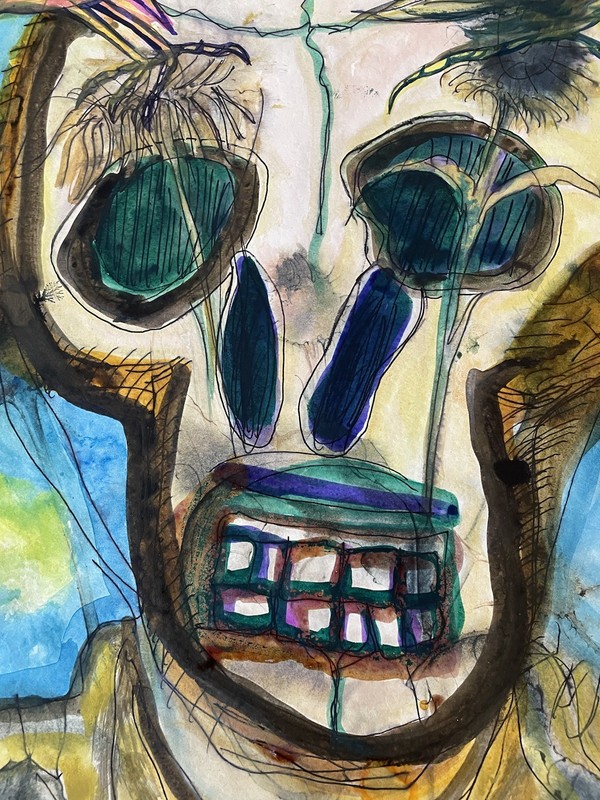 Mexican Folk Art David Mecalco Skull With Restless Birds Still Life Watercolor gallery