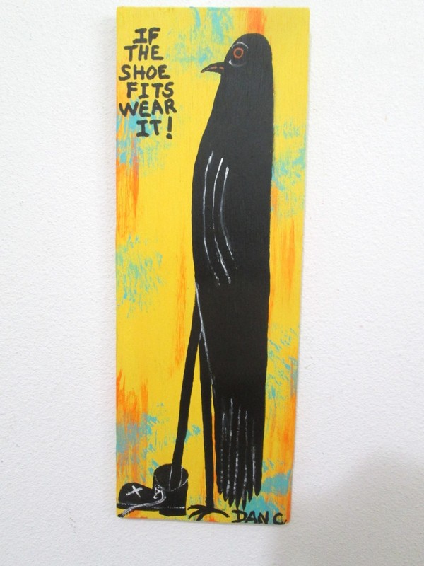 Outsider folk art original painting on wood shoe Crow Raven Dan C #Dancfolkart