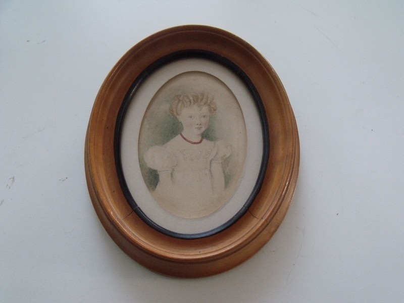 Oval Watercolor of Young Girl w/ Golden Curls & Red Necklace (C. 1830’s)