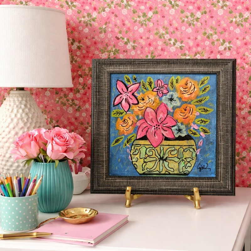 Original Floral Folk Art Painting “Joy, Uncontained” 13×13 Framed Bold Colorful