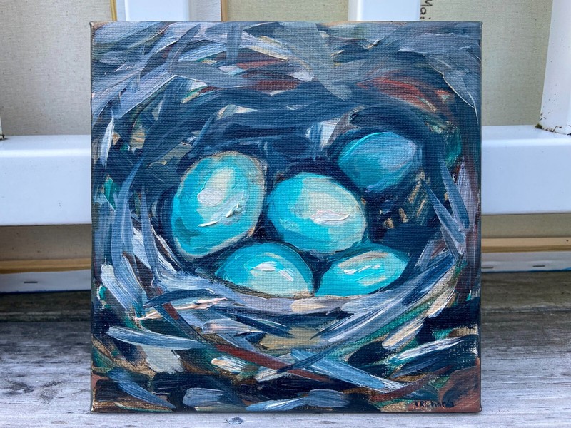 Oil painting ORIGINAL art Eggs blue jay nest artwork small wall art 8x8" gallery