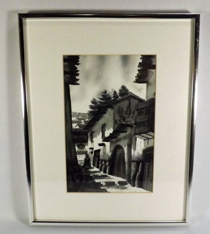 Vintage Watercolor South American Artist Signed Frame Hand Painted Chrome Frame