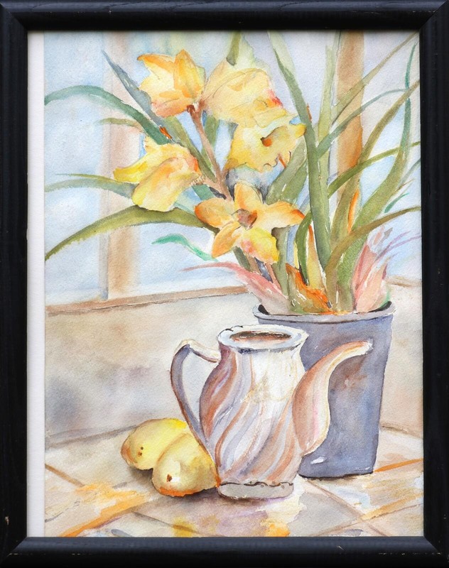 Yellow flowers original framed watercolor painting still life artwork unsigned