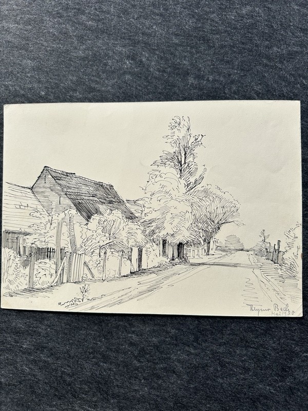 Bach Heymo Ink Drawing May 1950 Signed Original Village Street