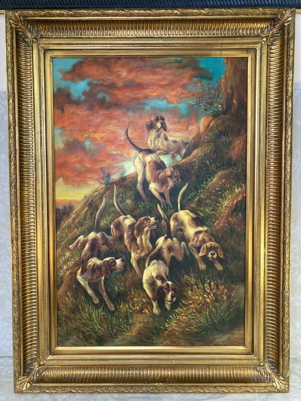 Hunting Dogs Tracking Game over Terrain w/ Red Sky Oil on Canvas Gold Gilt Frame