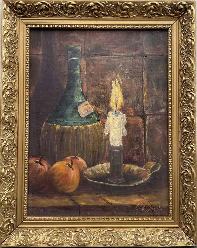 Still Life with Candlestick Wine and Apples Oil Painting Signed Holm 49x39cm