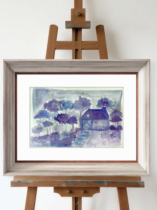 Cottage In The Woods Impressionist Tonal Original Watercolor 7×10 Cotton Signed