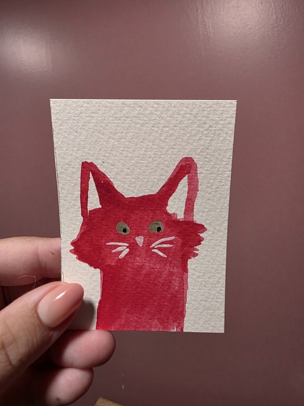 ACEO ORIGINAL Art Card Red Rainbow Cat Series #1/9 Watercolor Animal Painting