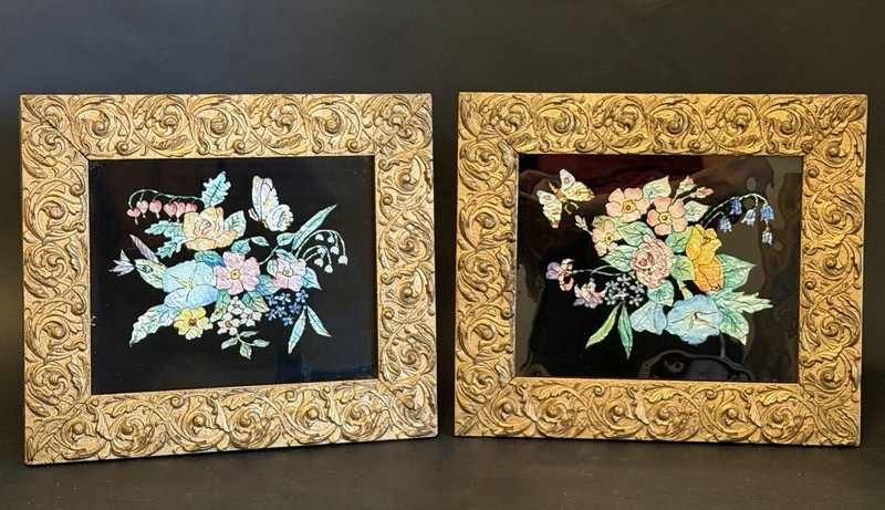 2 Antique Tinsel Reverse Foil Floral Butterfly Painting Gold Gilt Frame Pair 14”