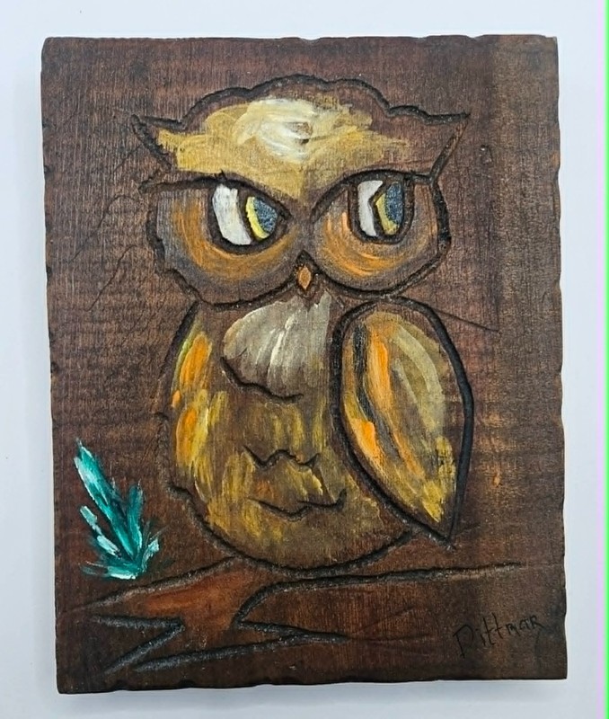 Vtg Owl on Wood Board Original Painting just under 7″ x just under 5.5″ Signed