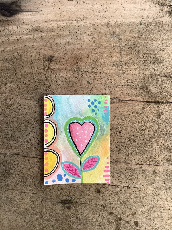 ACEO By Kenna Painting Acrylic & Watercolour Heart Flower 2.5” X 3.5” Signed ÀTC gallery