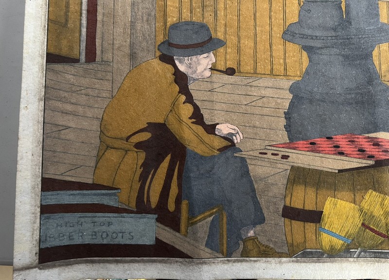 Men in Storeroom Playing Checkers, Vintage Illustrastion Painting On Felt Canvas gallery
