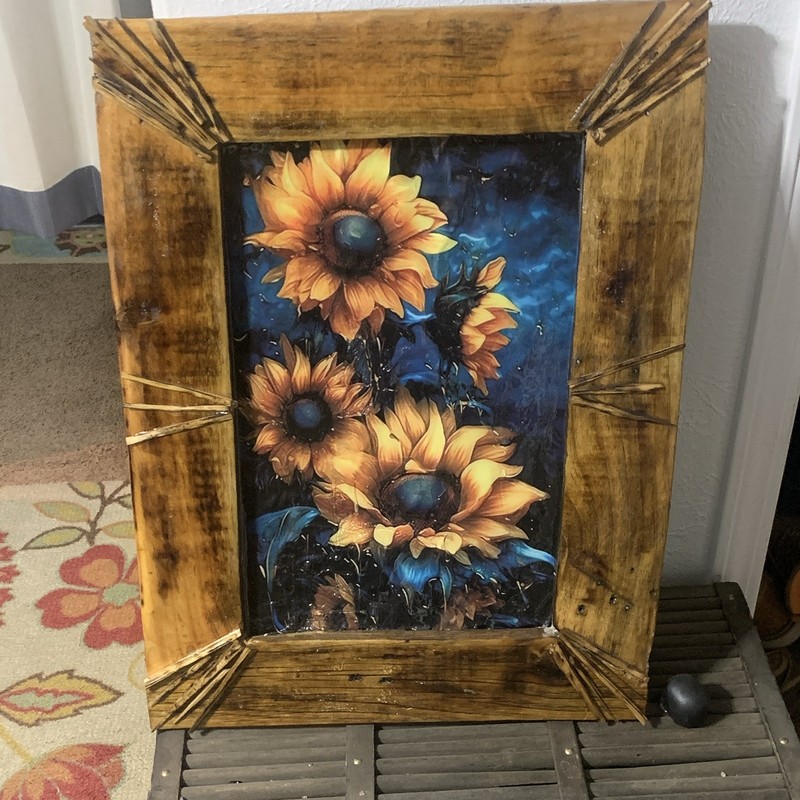 Framed Sunflower Floral Painting, Realism Style Artwork Rustic Wood Frame