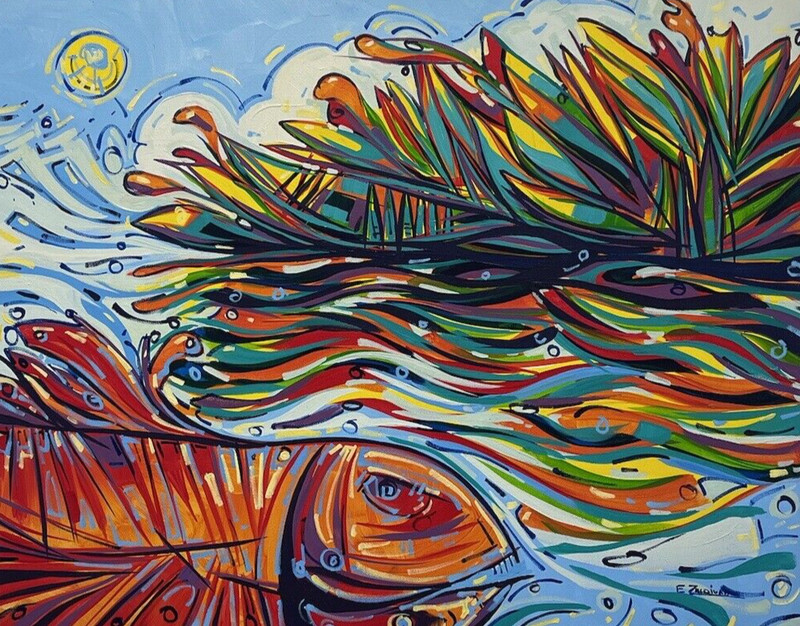 Enrique Zaldivar, Original Acrylic painting Signed, Cuban Artist, Island Fish