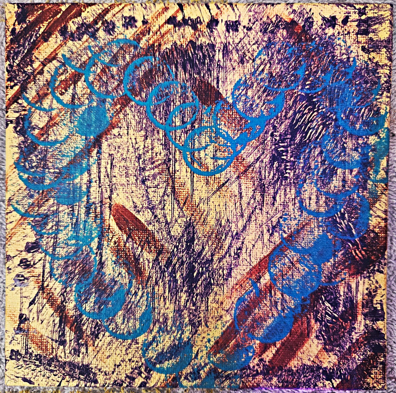 Abstract Mixed Media Painting Blue & Purple Swirls, Heart, Hand Painted
