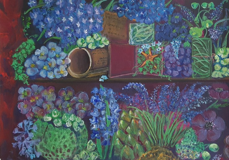 A unique painting in a single copy. Flowers on the shelves, manuscripts.