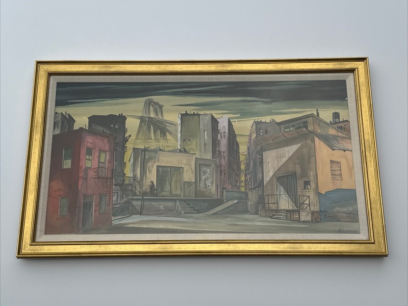 PAINTING ILLUSTRATION URBAN NIGHT MID CENTURY WEST SIDE STORY CITYSCAPE WOMAN